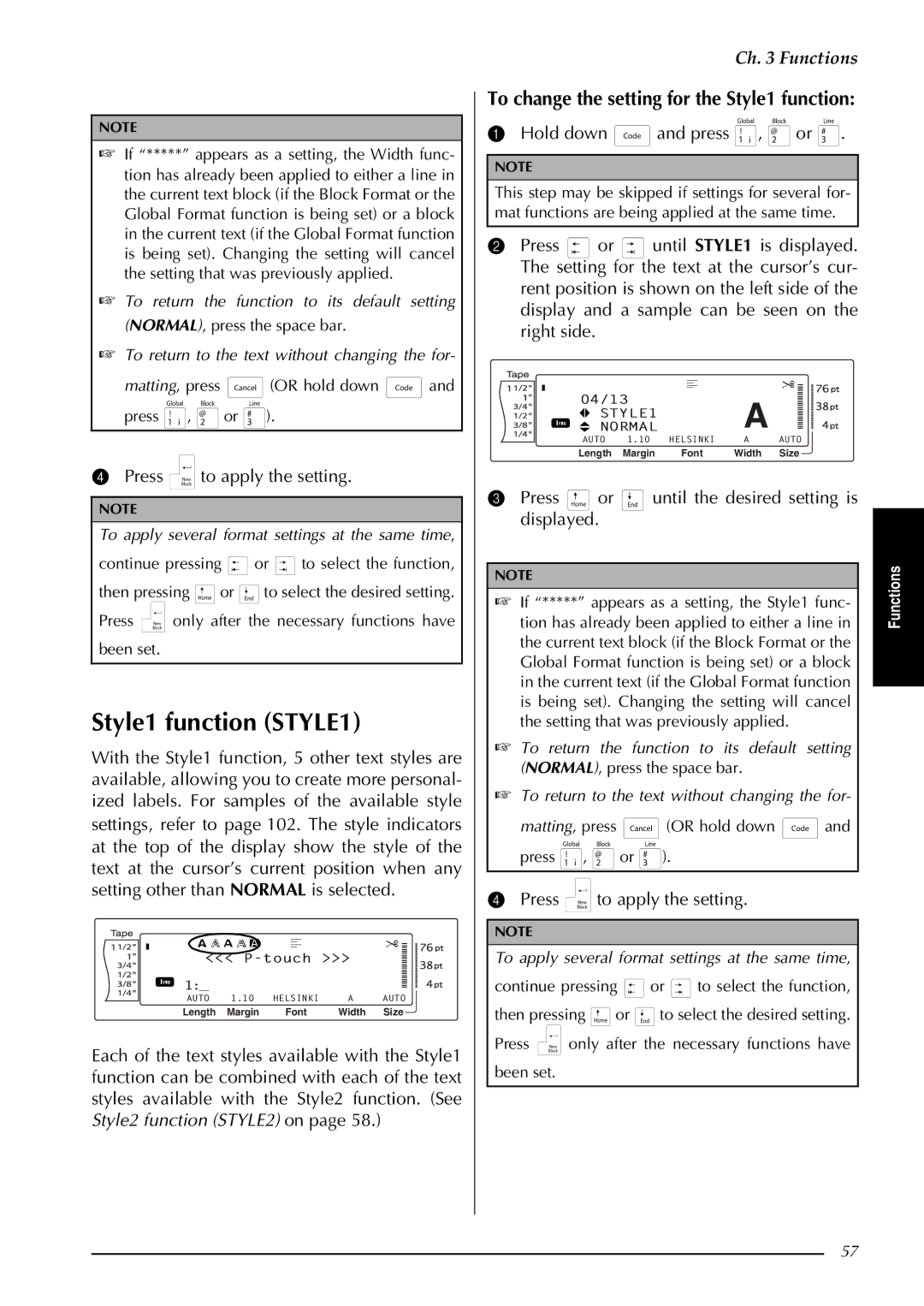 Brother PT-9600, PT-3600 manual Style1 function STYLE1, To change the setting for the Style1 function 