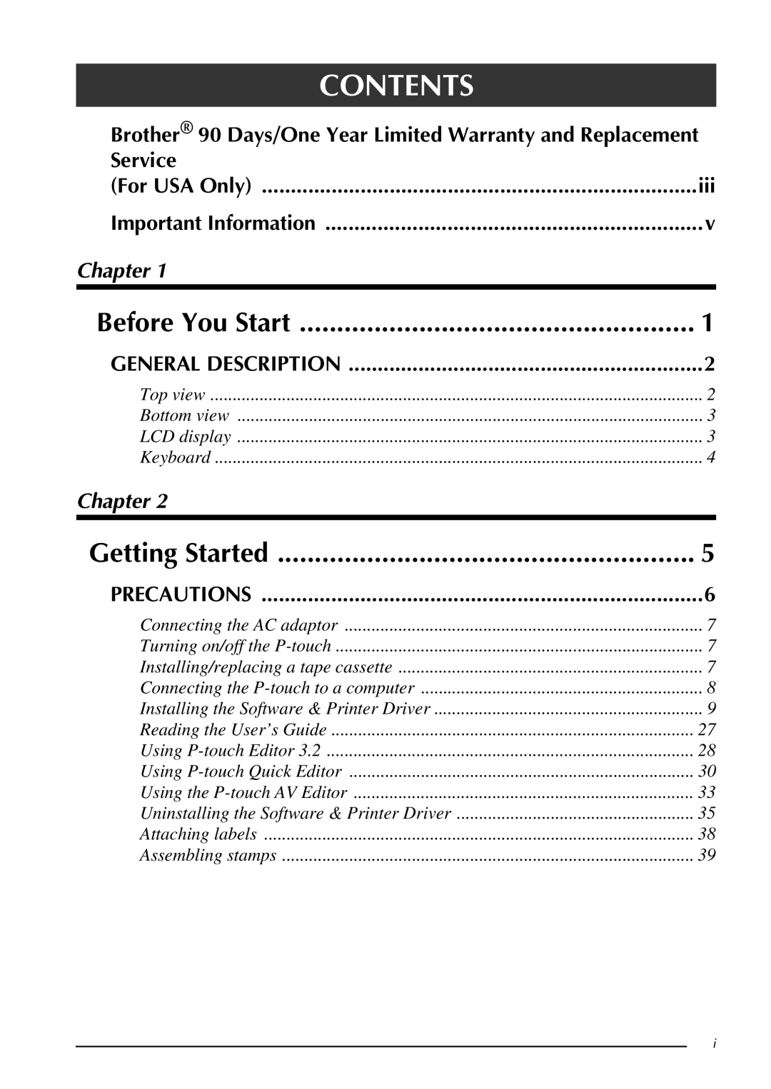 Brother PT-9600, PT-3600 manual Contents 