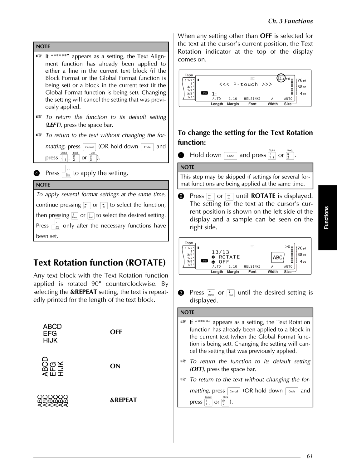 Brother PT-9600, PT-3600 manual To change the setting for the Text Rotation function, Hold down and press or 