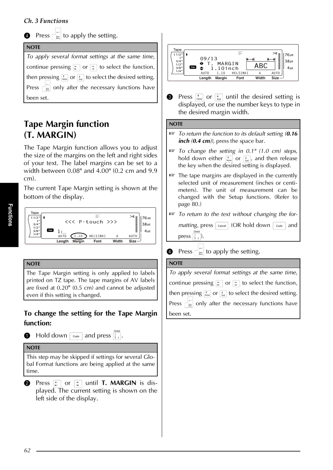 Brother PT-3600, PT-9600 manual Tape Margin function T. Margin, To change the setting for the Tape Margin function 