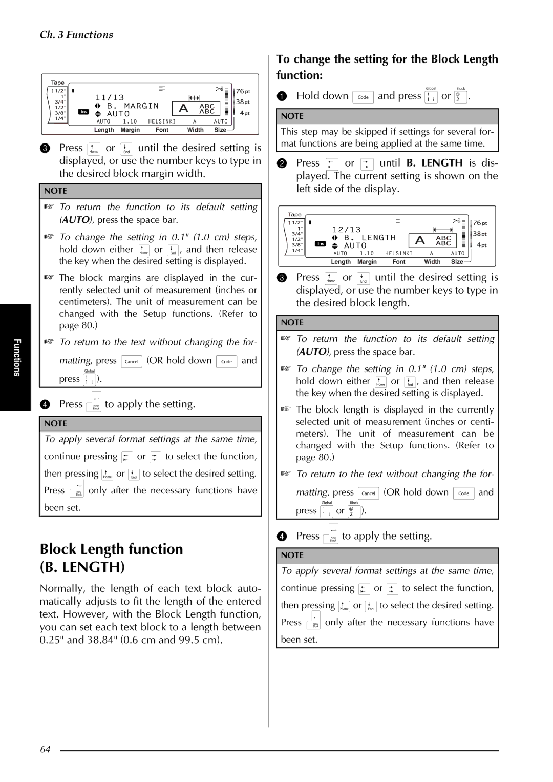 Brother PT-3600, PT-9600 manual Block Length function B. Length, To change the setting for the Block Length function 