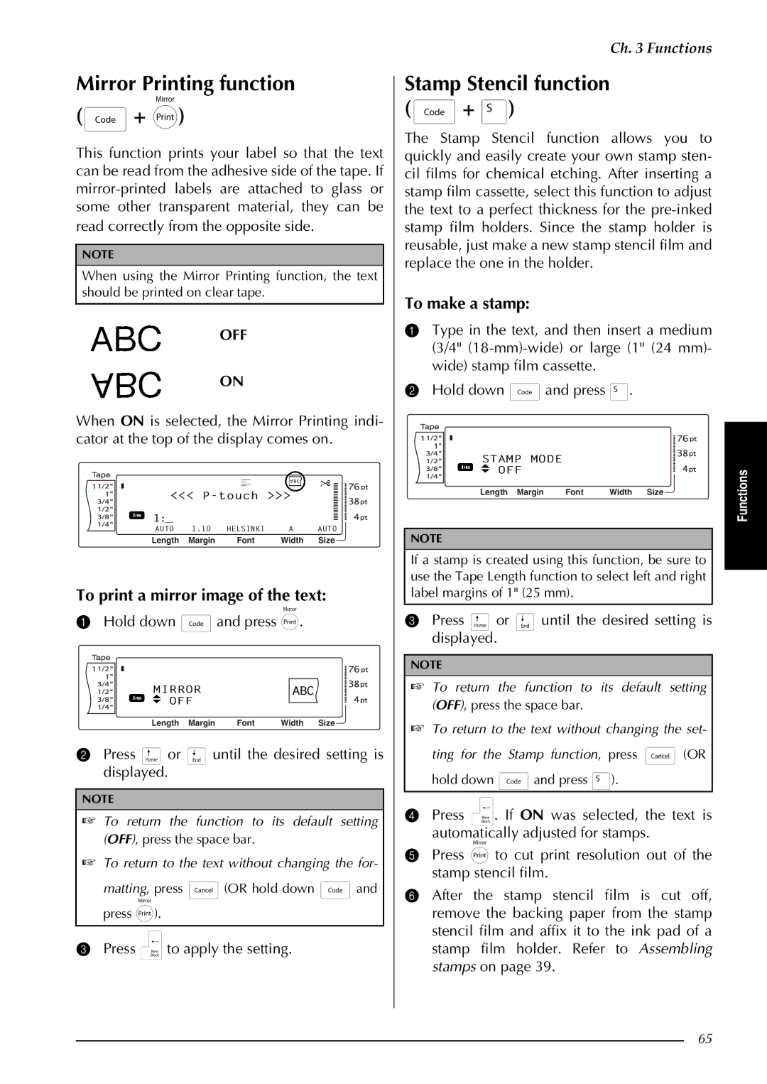 Brother PT-9600 Mirror Printing function +, Stamp Stencil function +, To print a mirror image of the text, To make a stamp 