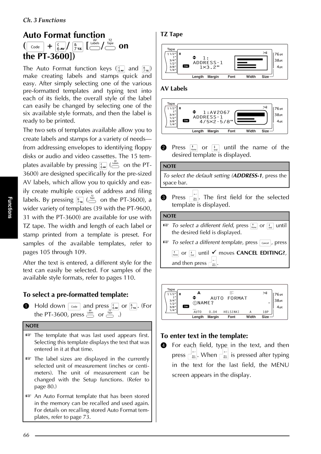 Brother Auto Format function + / /on the PT-3600, To select a pre-formatted template, To enter text in the template 