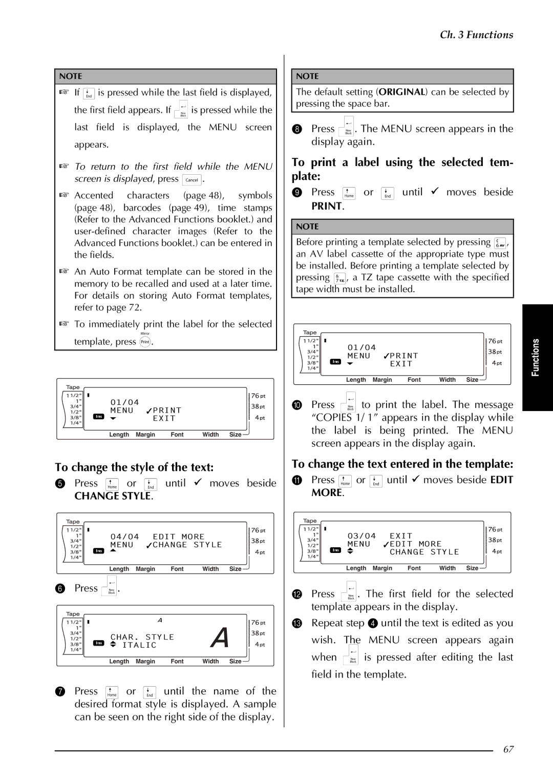 Brother PT-9600, PT-3600 manual To change the style of the text, To print a label using the selected tem- plate 