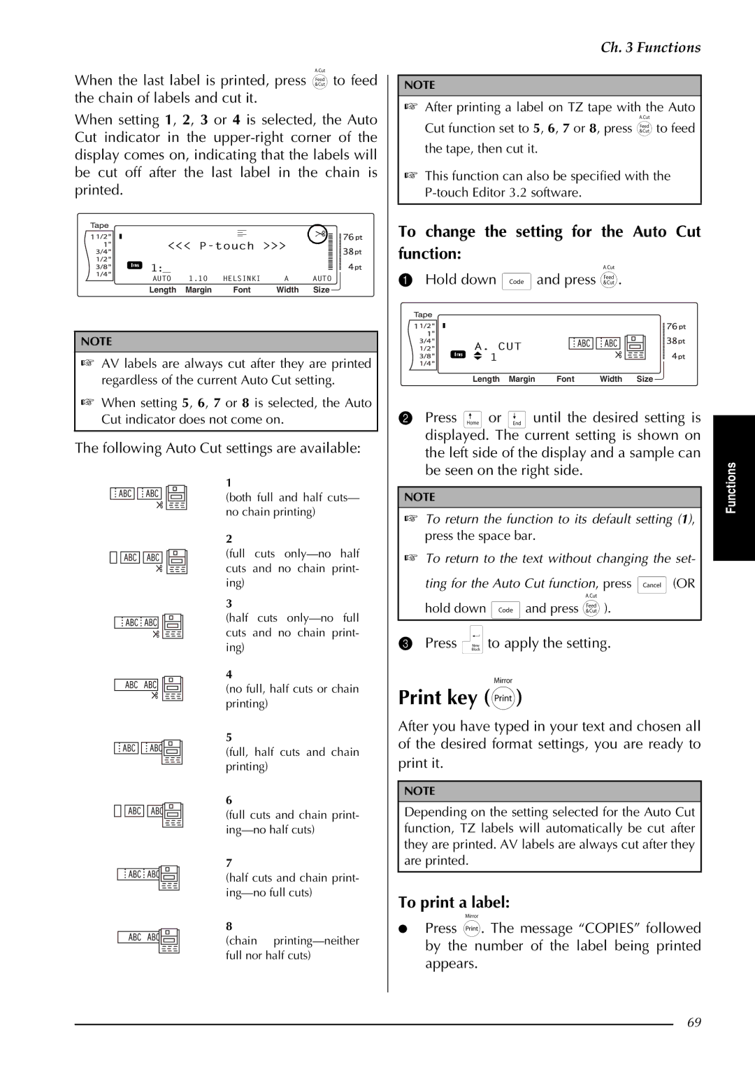 Brother PT-9600 Print key, To change the setting for the Auto Cut function, Following Auto Cut settings are available 