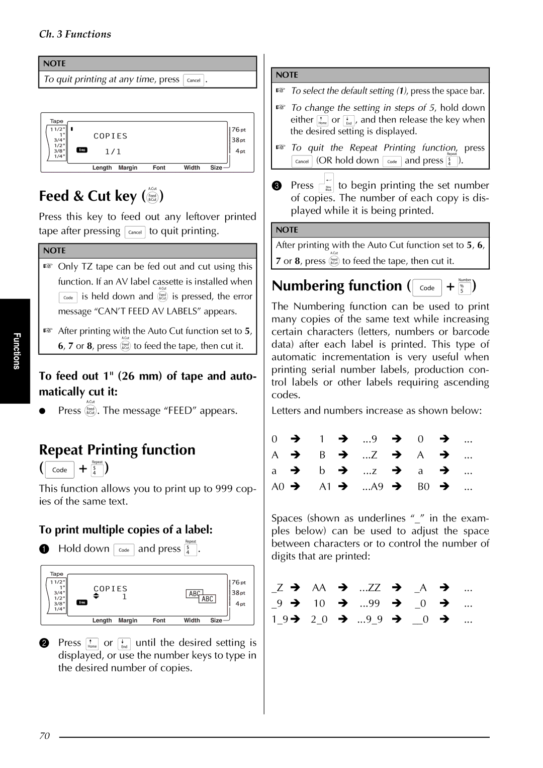 Brother PT-3600, PT-9600 manual Feed & Cut key, Numbering function +, To print multiple copies of a label, Matically cut it 