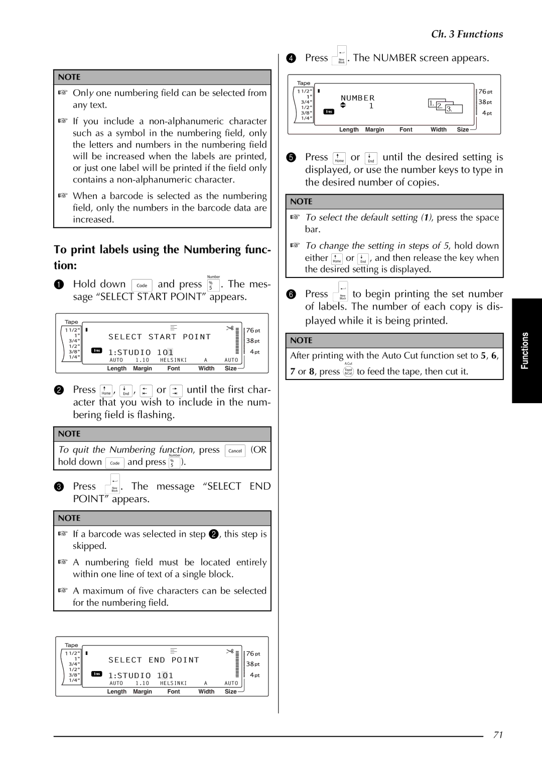 Brother PT-9600, PT-3600 manual To print labels using the Numbering func- tion, Press . The message Select END Point appears 