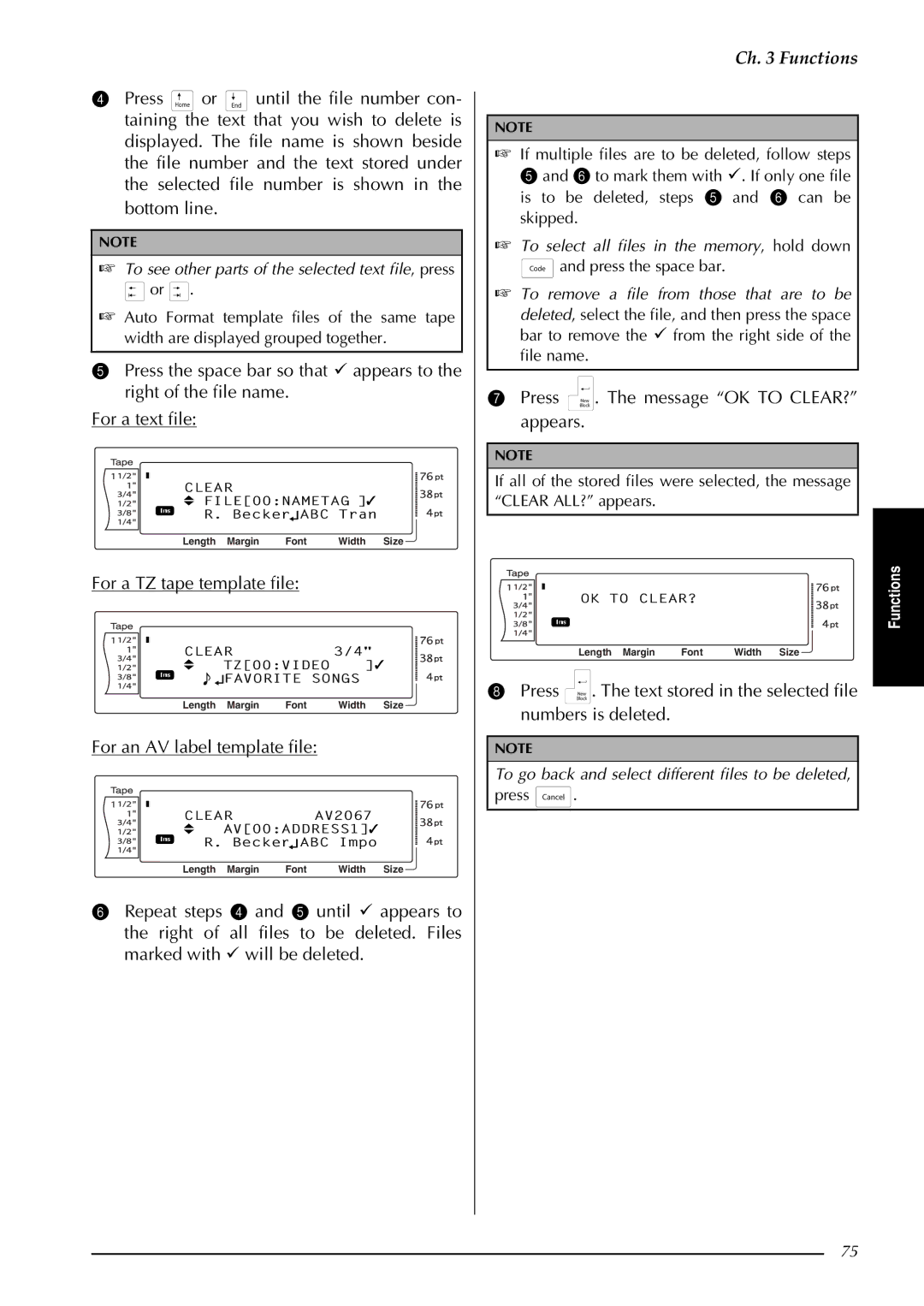 Brother PT-9600, PT-3600 manual For a TZ tape template file, Press . The message OK to CLEAR? appears 