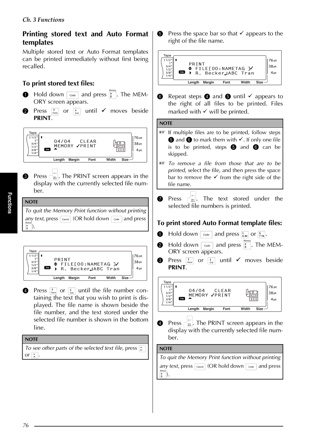 Brother PT-3600, PT-9600 manual Printing stored text and Auto Format templates, To print stored text files 