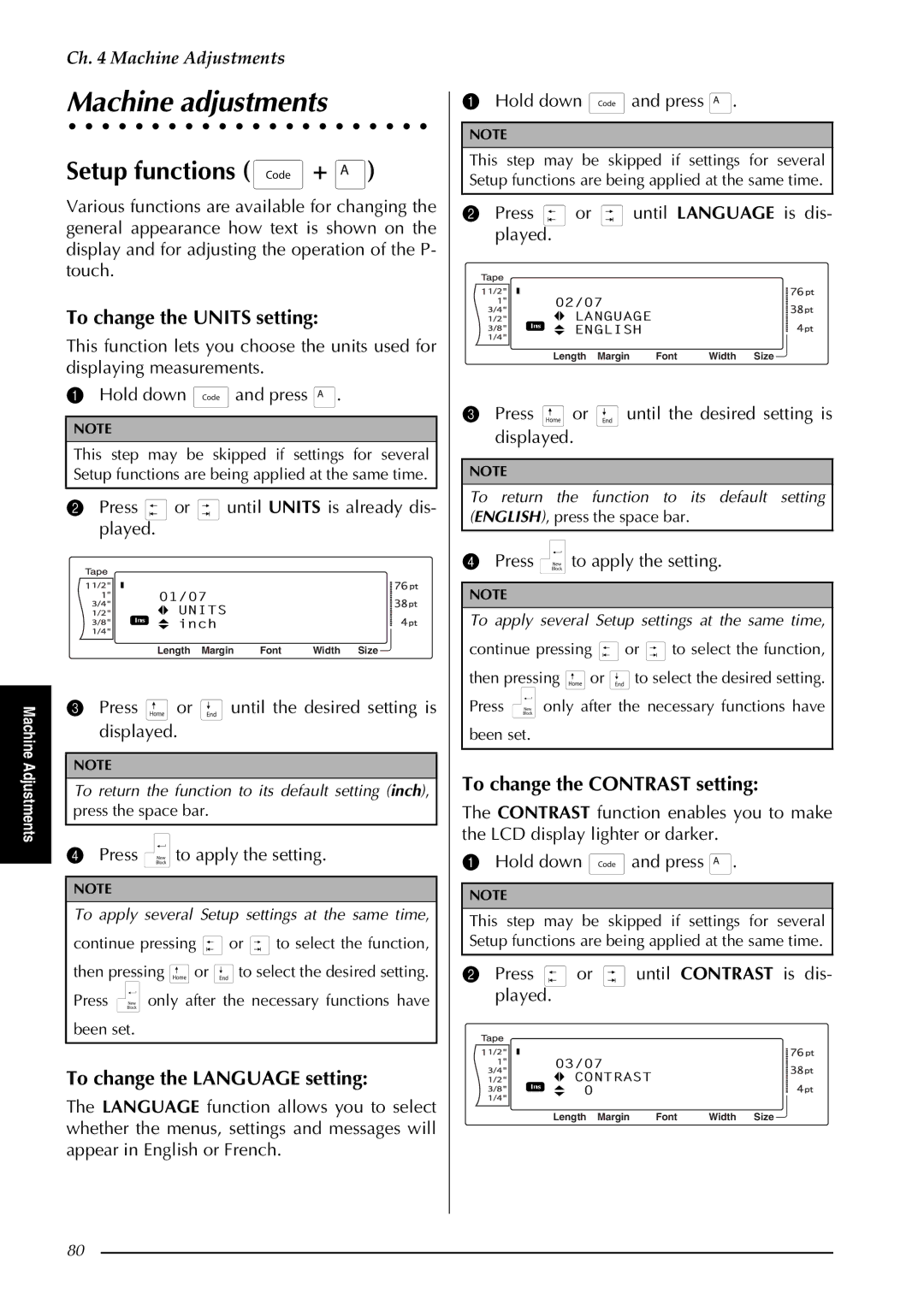 Brother PT-3600 manual Machine adjustments, Setup functions +, To change the Units setting, To change the Language setting 