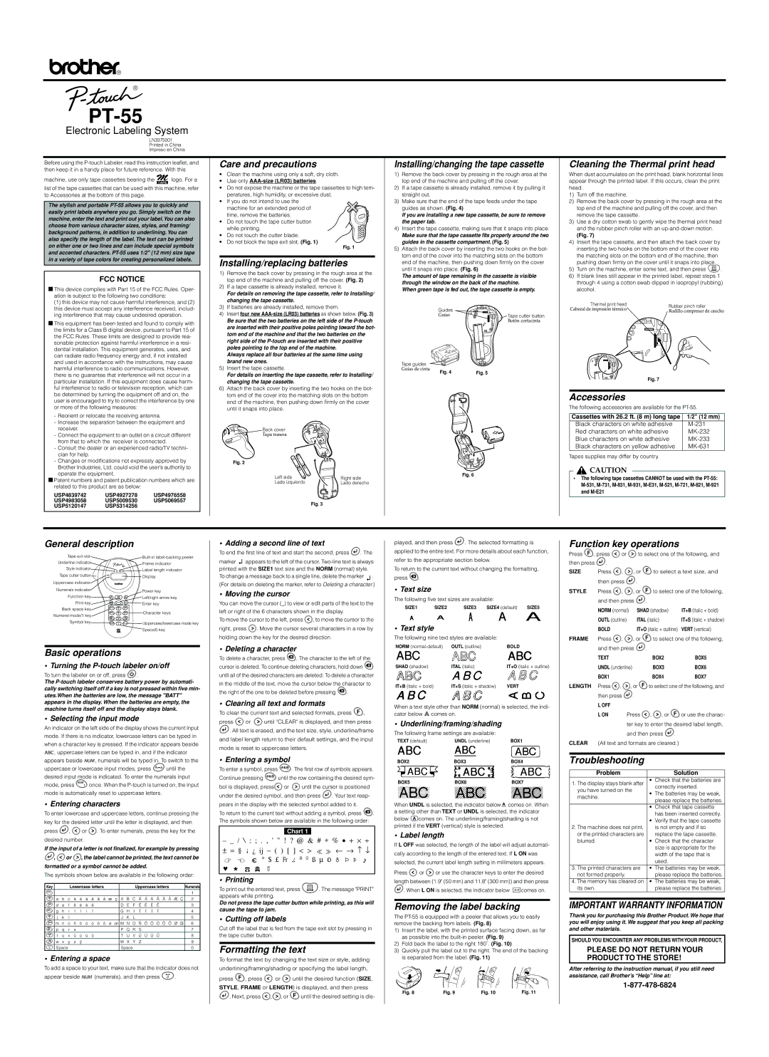 Brother PT-55 warranty Care and precautions, Installing/replacing batteries, Installing/changing the tape cassette 