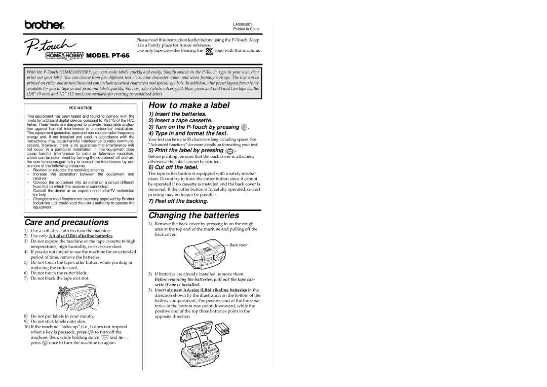 Brother PT-65 manual Care and precautions, How to make a label, Changing the batteries 