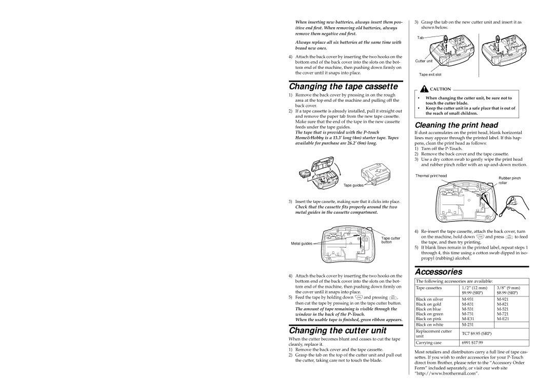 Brother PT-65 manual Changing the tape cassette, Changing the cutter unit, Accessories 