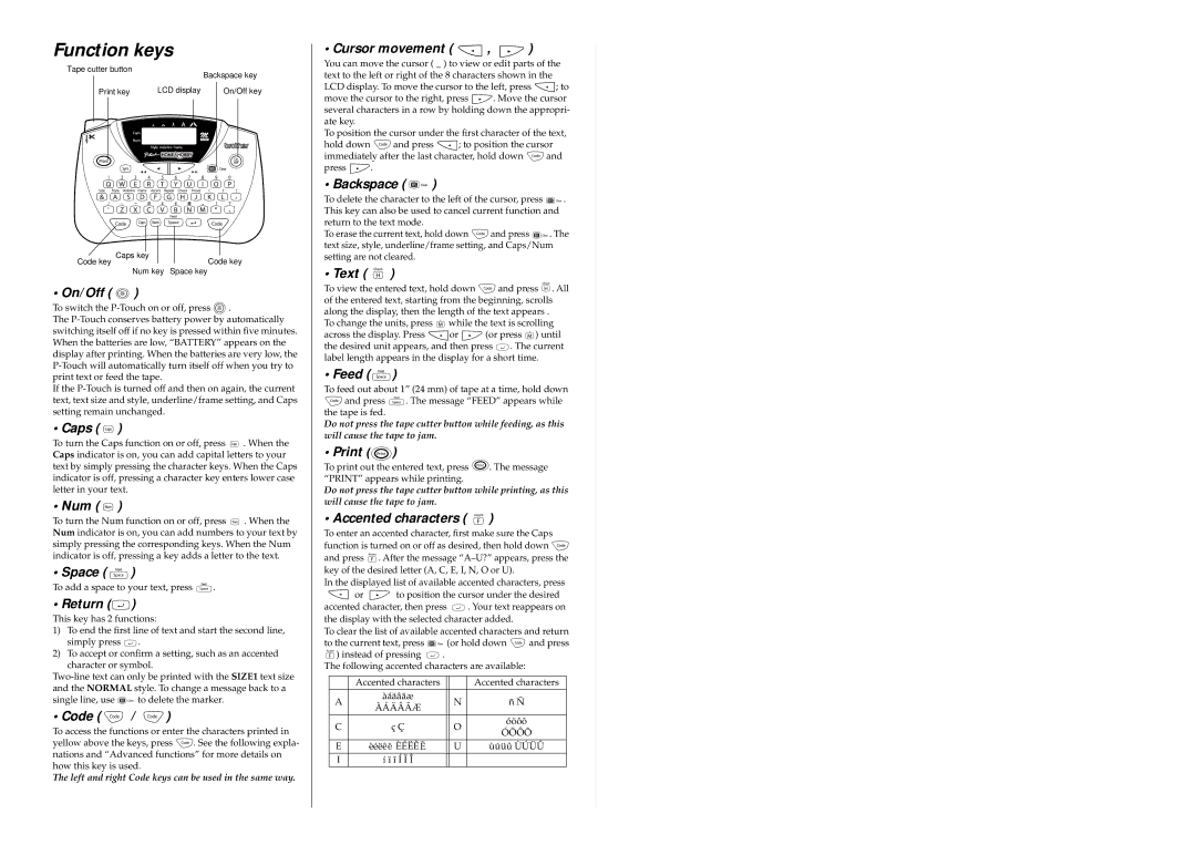 Brother PT-65 manual Function keys 