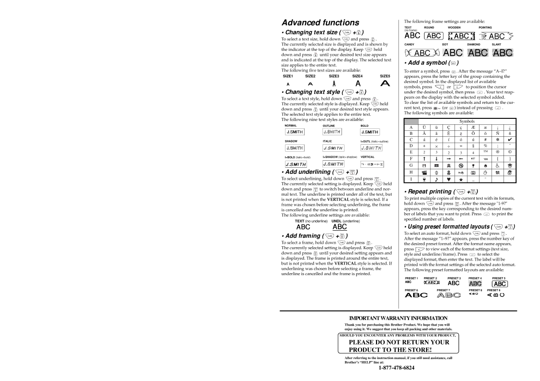 Brother PT-65 manual Advanced functions 