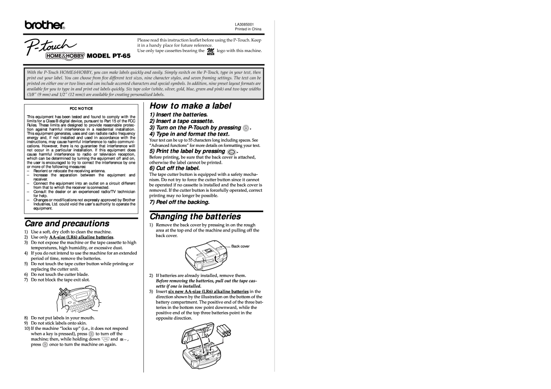 Brother PT-65 manual Care and precautions, How to make a label, Changing the batteries, Print the label by pressing 