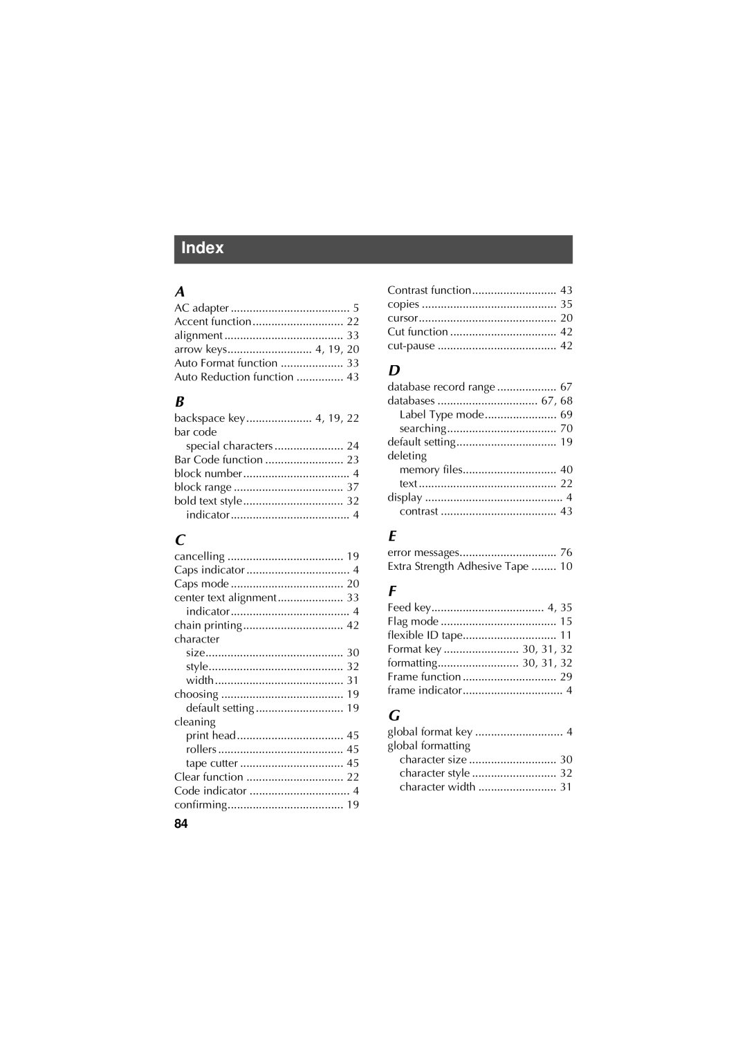 Brother PT-7500, PT-7600 manual Index, Backspace key Bar code 