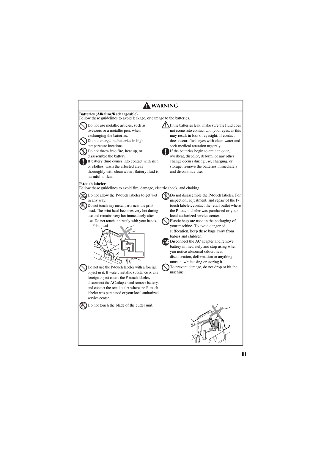 Brother PT-7600, PT-7500 manual Iii, Batteries Alkaline/Rechargeable, Touch labeler 