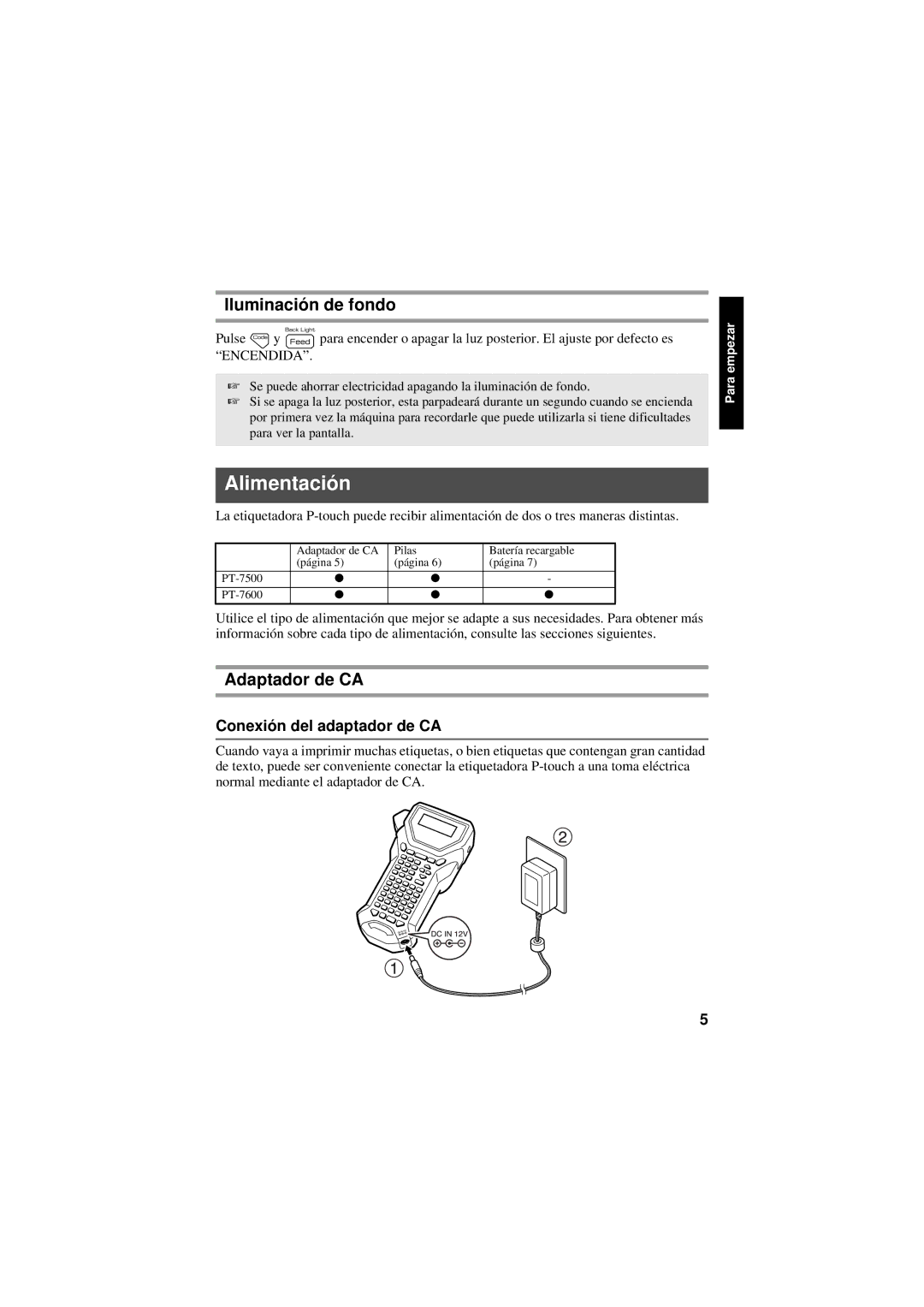 Brother PT-7600, PT-7500 manual Alimentación, Iluminación de fondo, Adaptador de CA, Conexión del adaptador de CA 