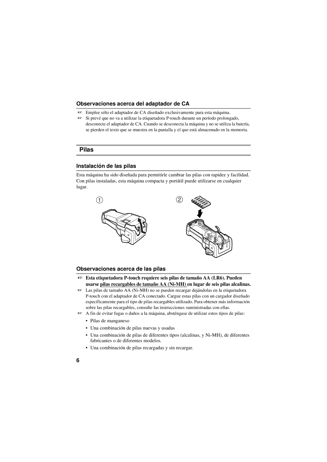 Brother PT-7500, PT-7600 manual Pilas, Observaciones acerca del adaptador de CA, Instalación de las pilas 