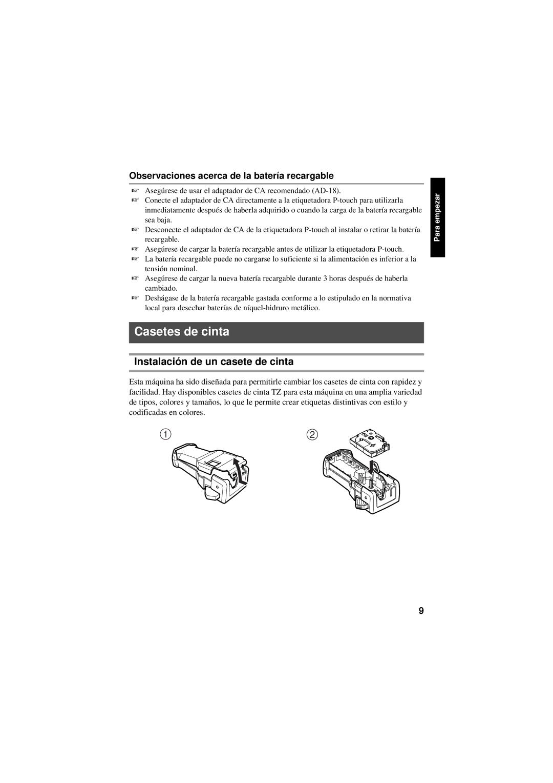 Brother PT-7600 manual Casetes de cinta, Instalación de un casete de cinta, Observaciones acerca de la batería recargable 