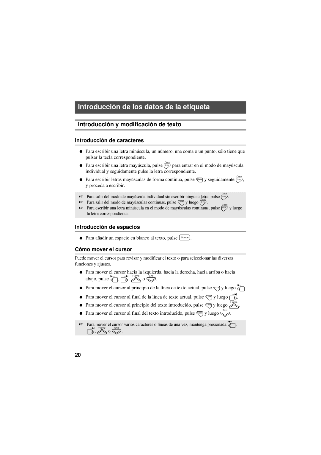 Brother PT-7500 Introducción de los datos de la etiqueta, Introducción y modificación de texto, Introducción de caracteres 