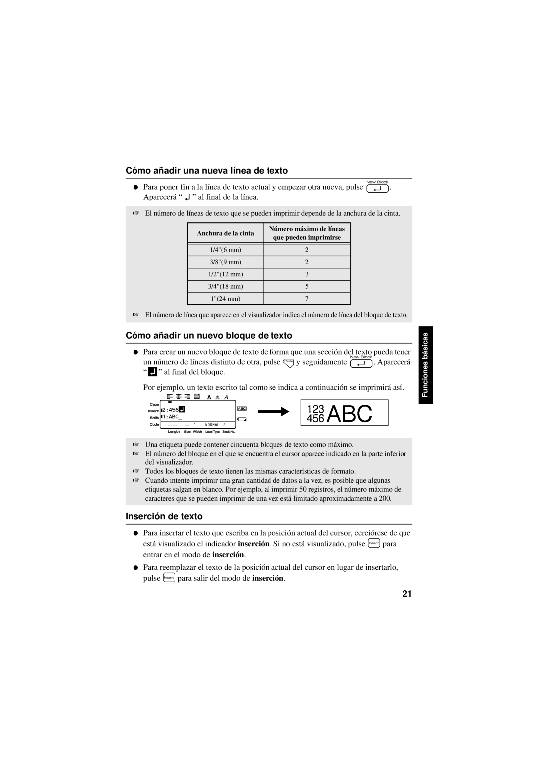 Brother PT-7600, PT-7500 Cómo añadir una nueva línea de texto, Cómo añadir un nuevo bloque de texto, Inserción de texto 