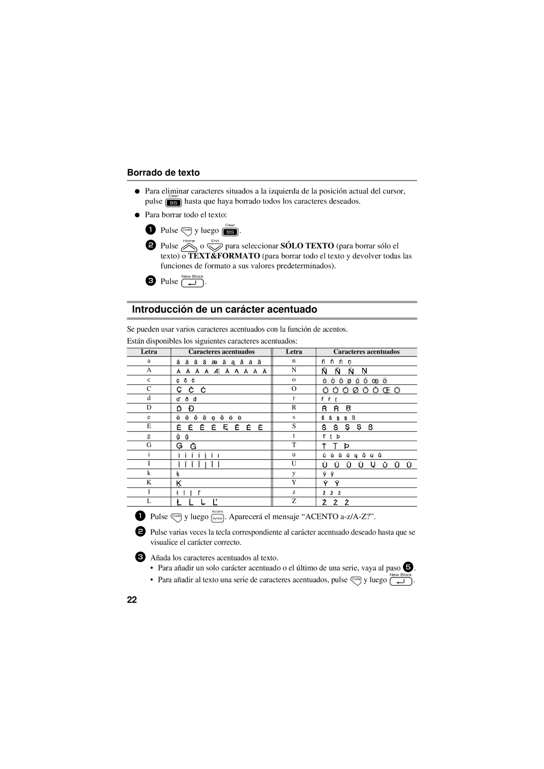 Brother PT-7500, PT-7600 manual Introducción de un carácter acentuado, Borrado de texto, Letra Caracteres acentuados 