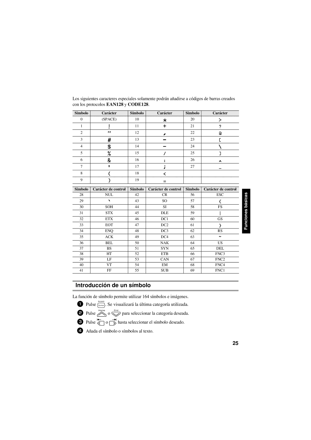 Brother PT-7600, PT-7500 manual Introducción de un símbolo, Símbolo Carácter de control 