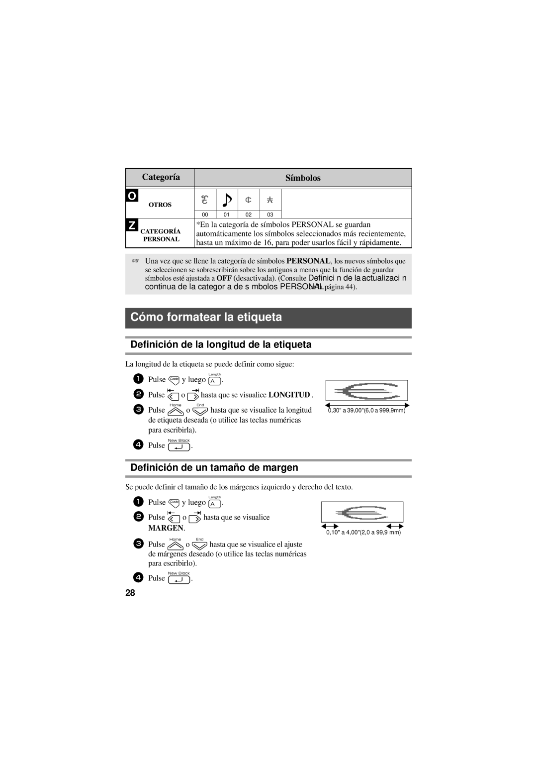 Brother PT-7500 Cómo formatear la etiqueta, Definición de la longitud de la etiqueta, Definición de un tamaño de margen 