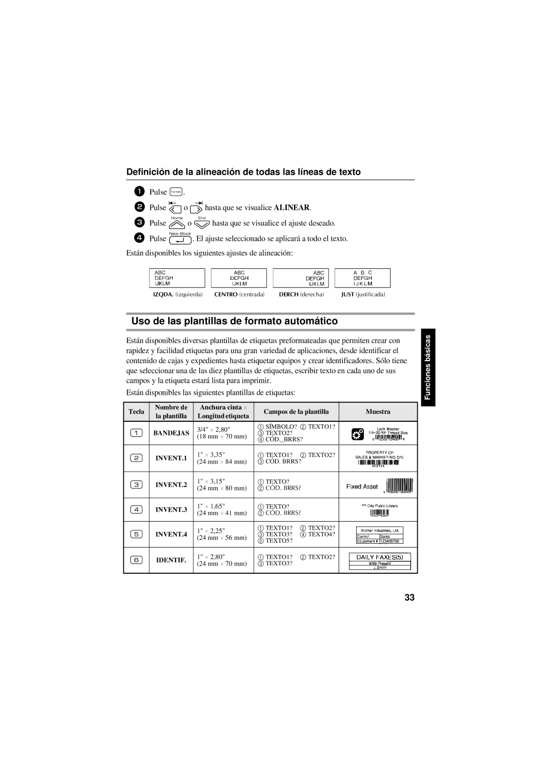 Brother PT-7600 Uso de las plantillas de formato automático, Definición de la alineación de todas las líneas de texto 