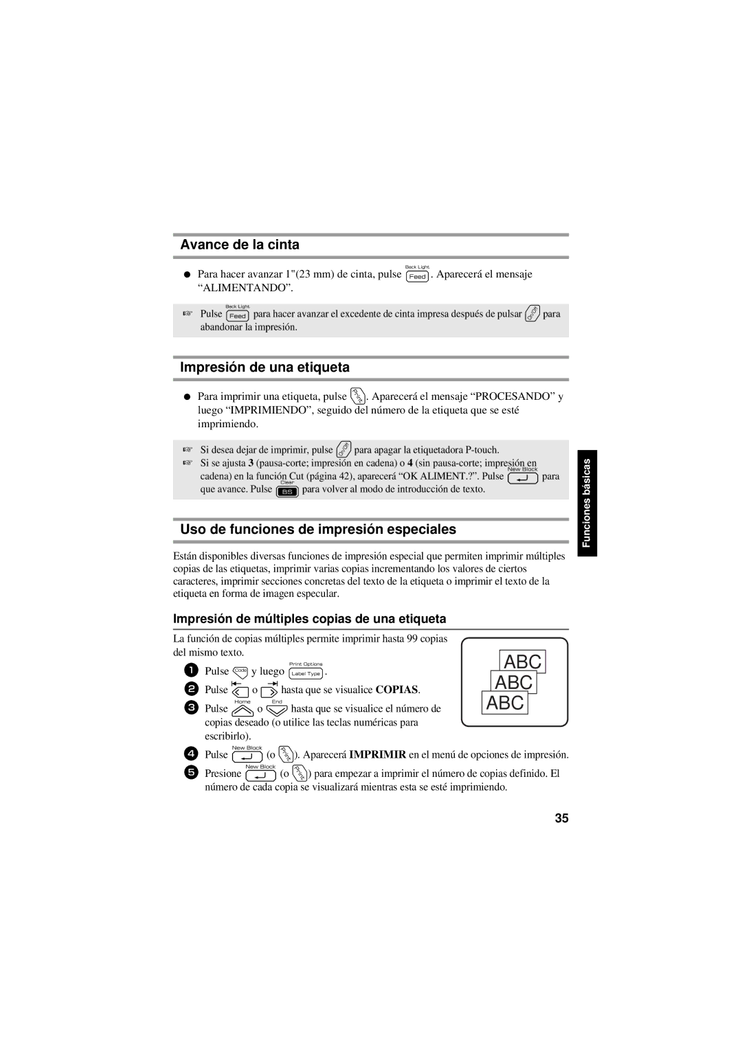 Brother PT-7600, PT-7500 manual Avance de la cinta, Impresión de una etiqueta, Uso de funciones de impresión especiales 