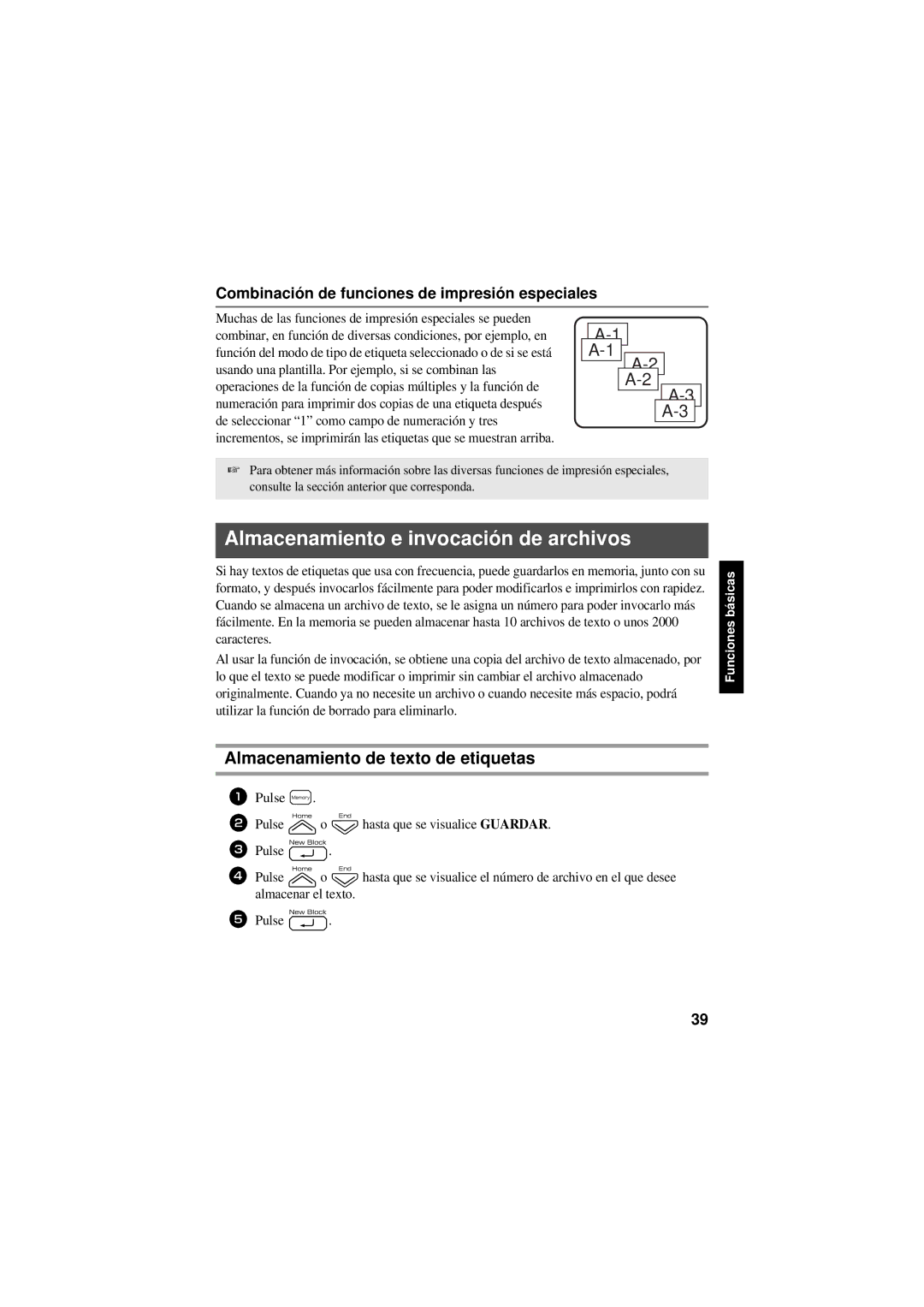 Brother PT-7600, PT-7500 manual Almacenamiento e invocación de archivos, Almacenamiento de texto de etiquetas 