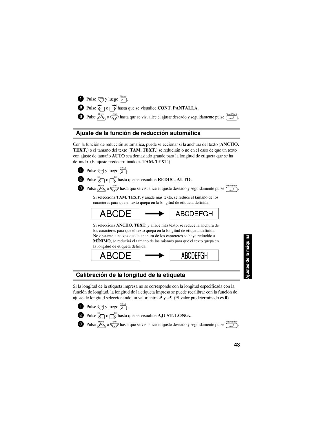 Brother PT-7600, PT-7500 manual Ajuste de la función de reducción automática, Calibración de la longitud de la etiqueta 