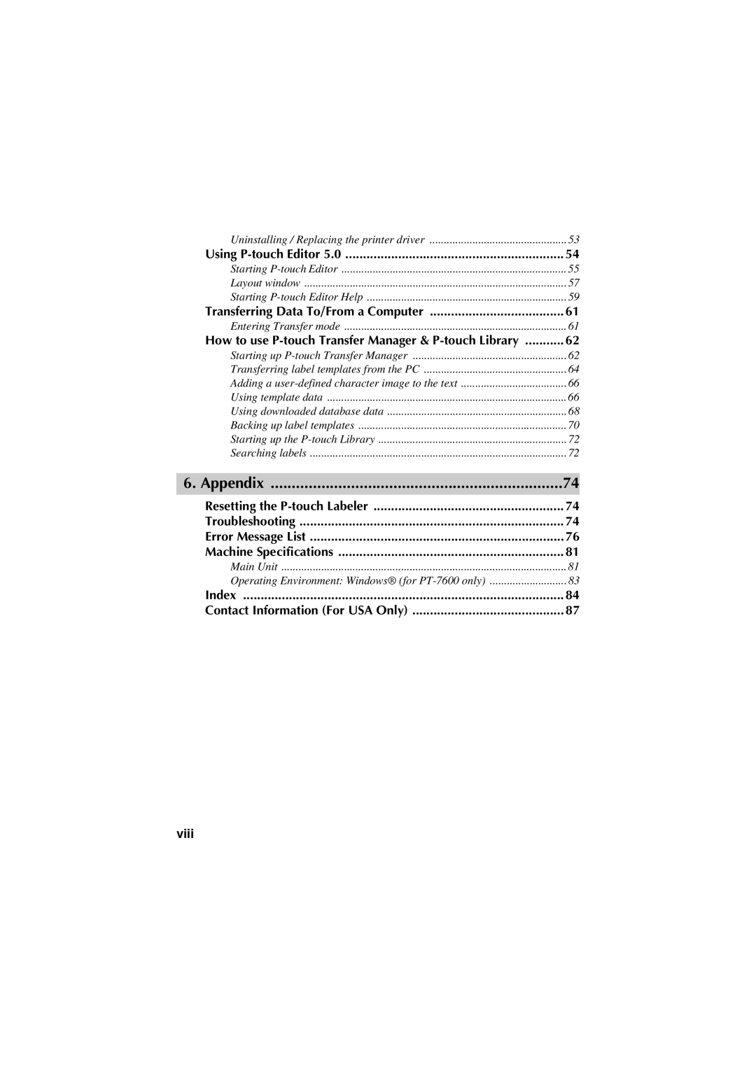 Brother PT-7500, PT-7600 manual Viii, How to use P-touch Transfer Manager & P-touch Library 