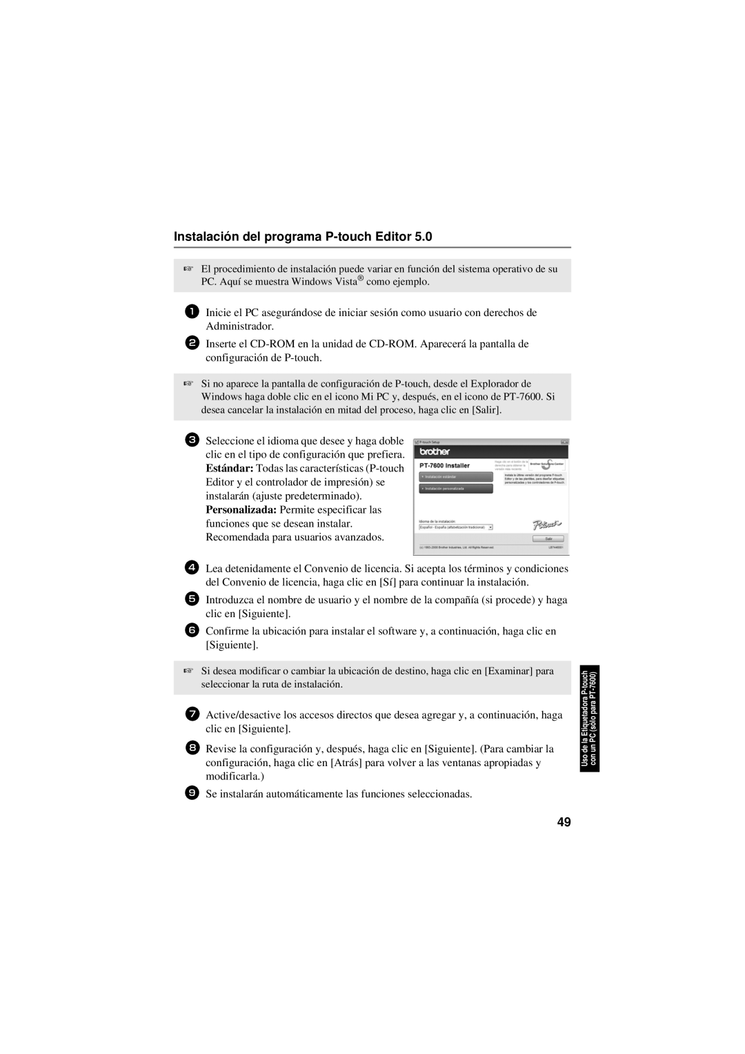 Brother PT-7600, PT-7500 manual Instalación del programa P-touch Editor 