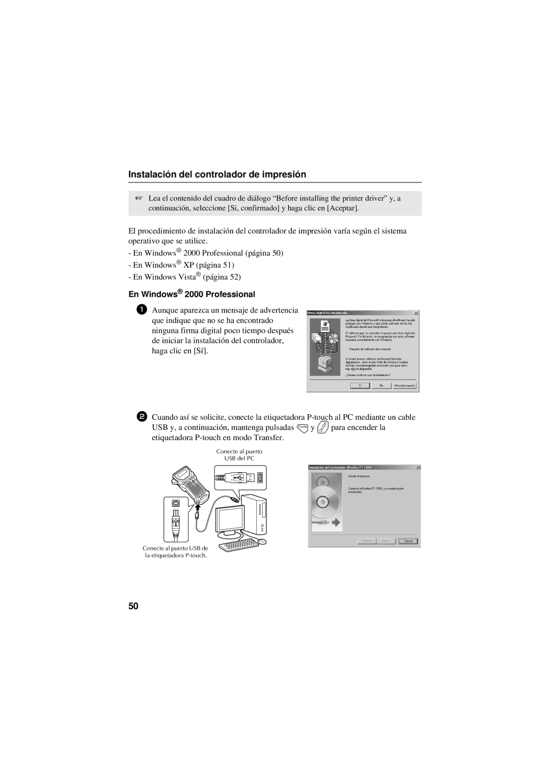Brother PT-7500, PT-7600 manual Instalación del controlador de impresión, En Windows 2000 Professional 
