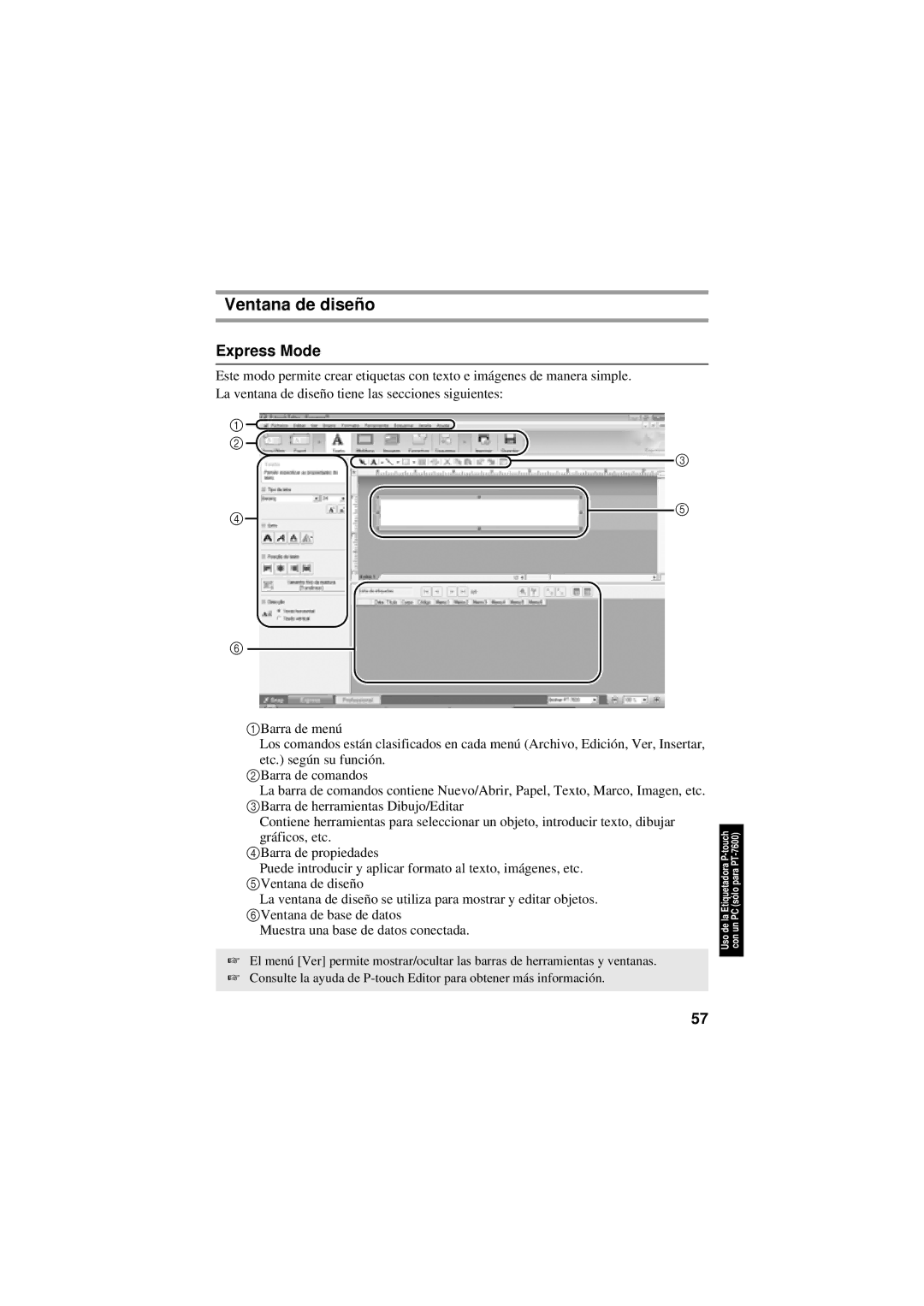Brother PT-7600, PT-7500 manual Ventana de diseño, Express Mode 