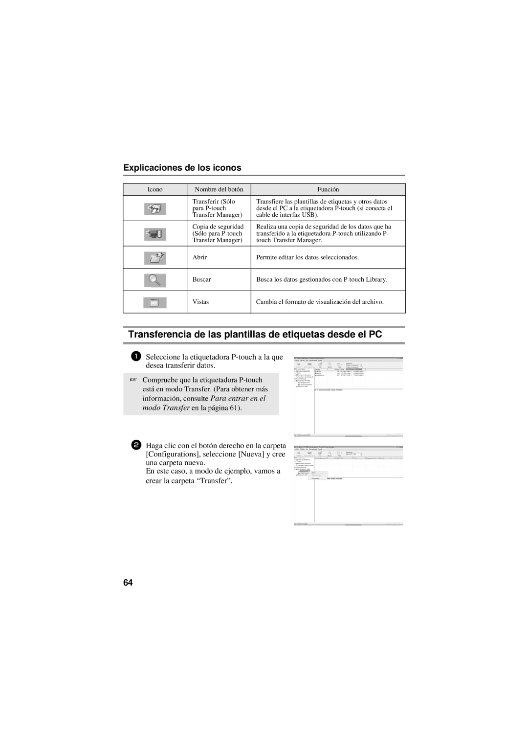 Brother PT-7500, PT-7600 manual Transferencia de las plantillas de etiquetas desde el PC, Explicaciones de los iconos 