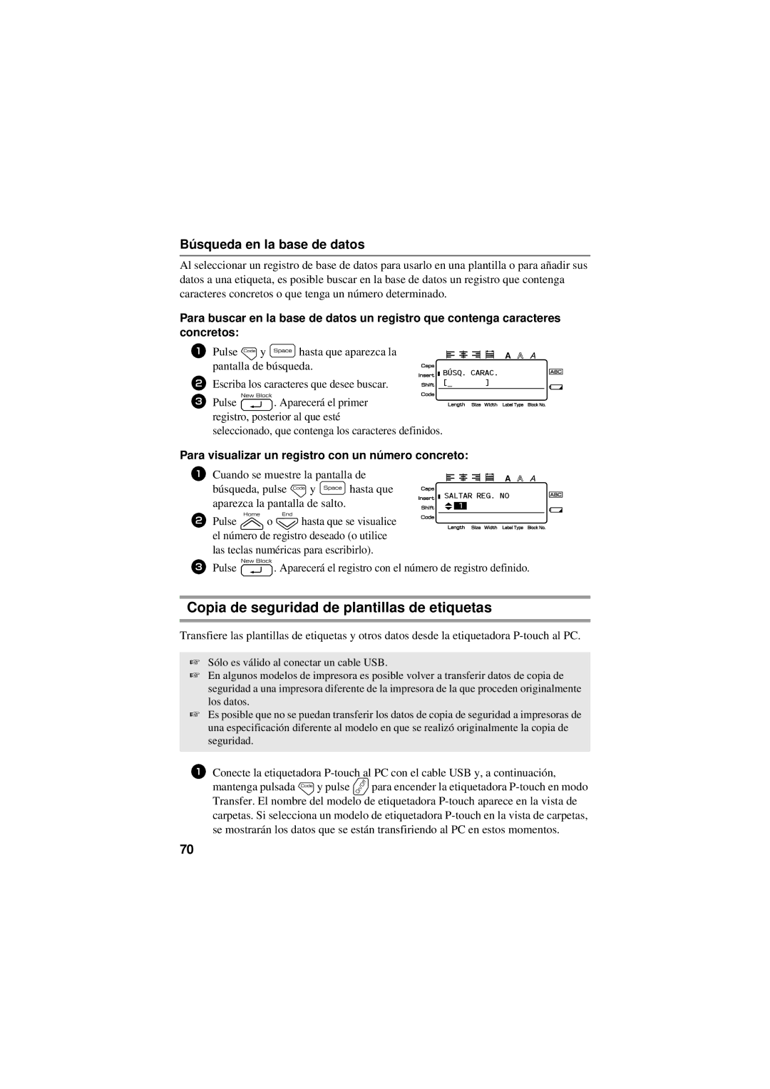 Brother PT-7500, PT-7600 manual Copia de seguridad de plantillas de etiquetas, Búsqueda en la base de datos 