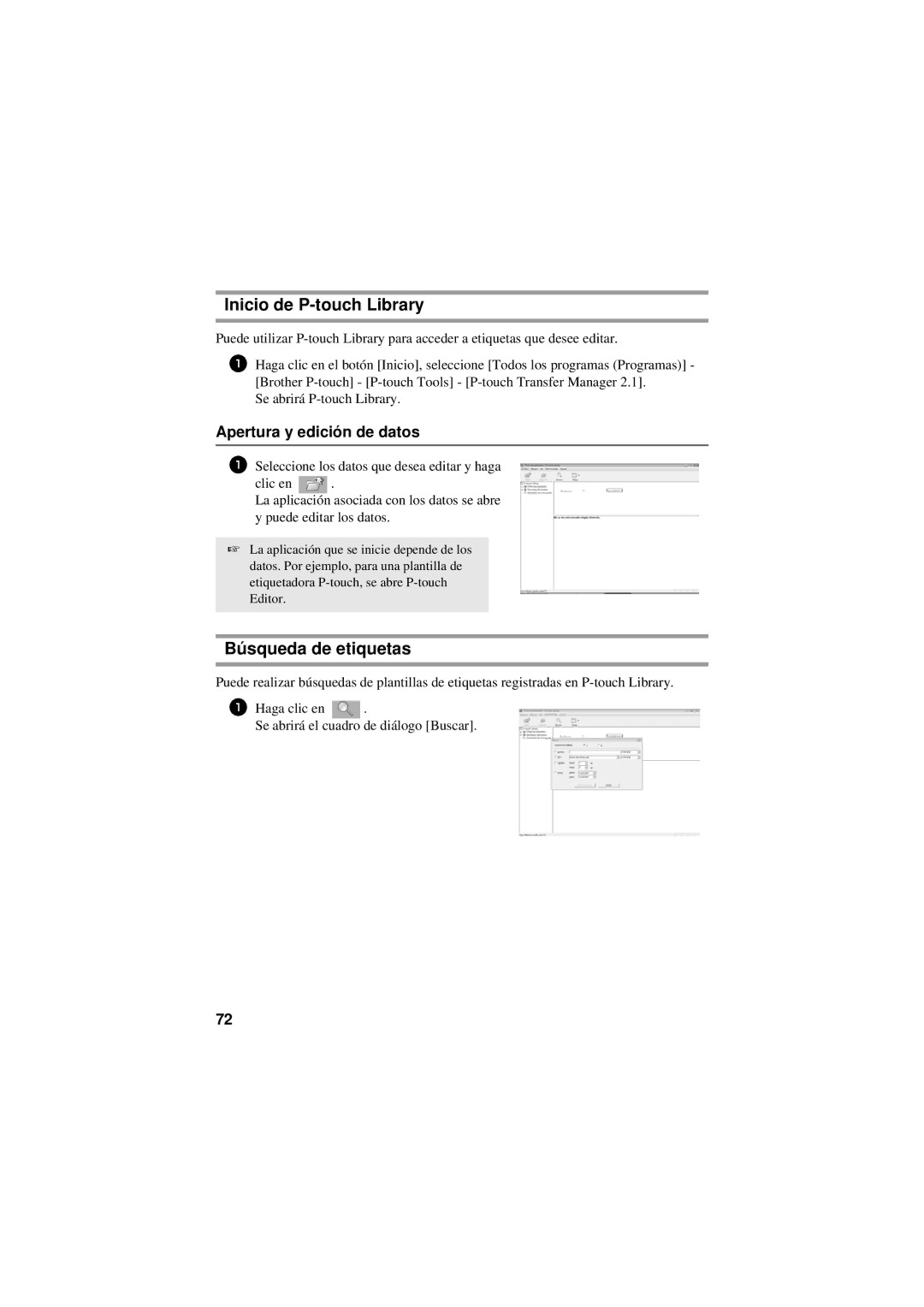Brother PT-7500, PT-7600 manual Inicio de P-touch Library, Búsqueda de etiquetas, Apertura y edición de datos 