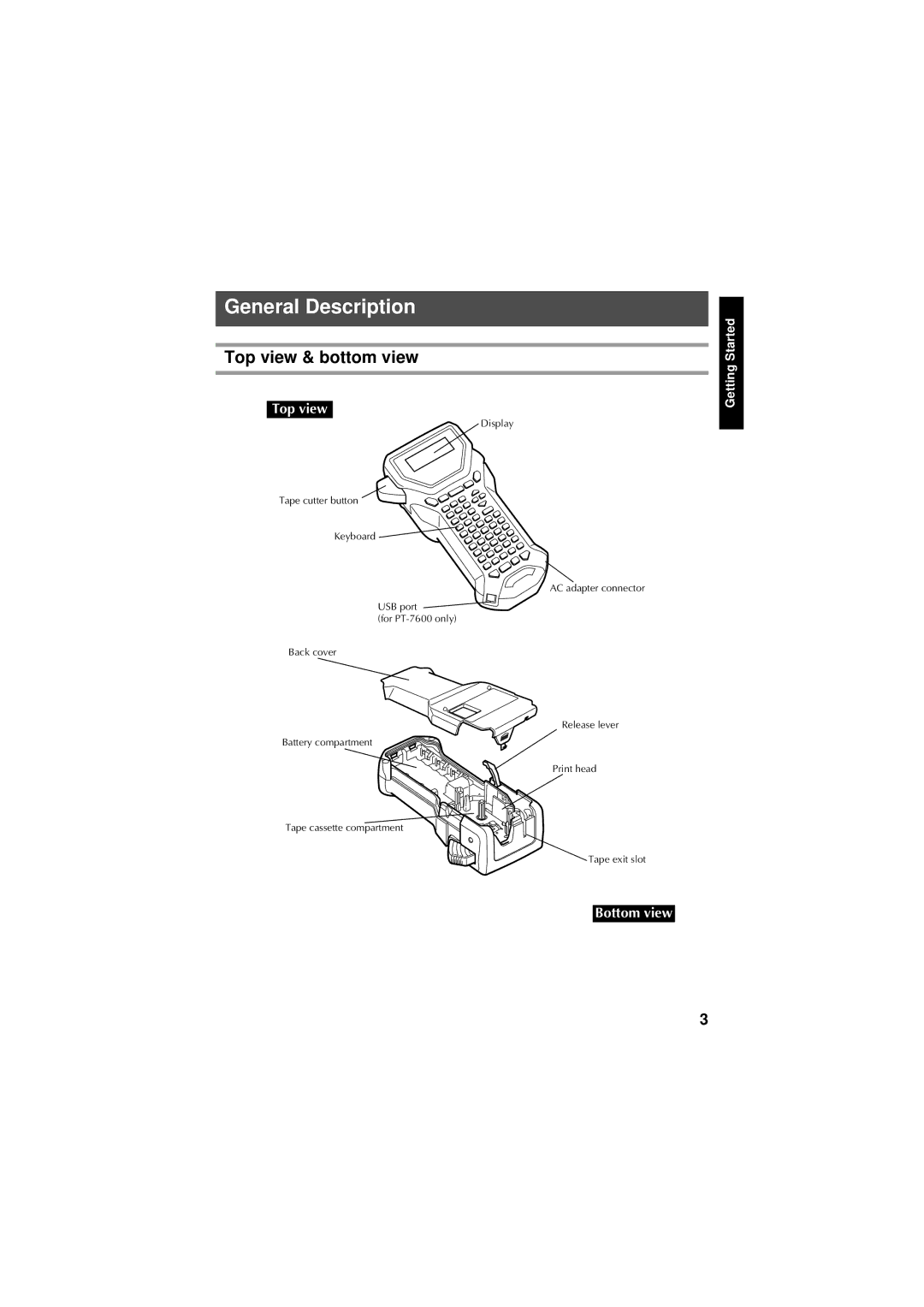 Brother PT-7600, PT-7500 manual General Description, Top view & bottom view 