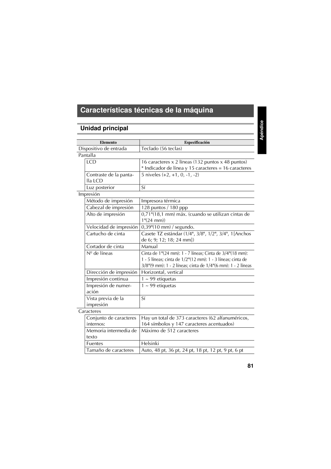 Brother PT-7600, PT-7500 manual Características técnicas de la máquina, Unidad principal, Elemento Especificación 