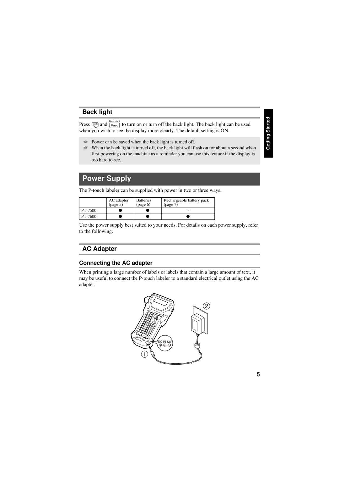 Brother PT-7600, PT-7500 manual Power Supply, Back light, AC Adapter, Connecting the AC adapter 