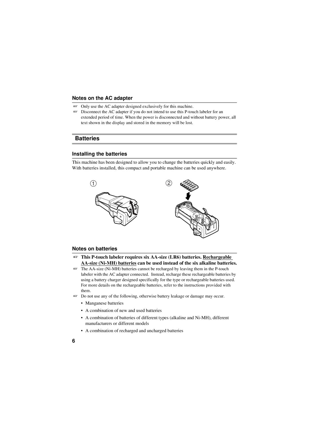 Brother PT-7500, PT-7600 manual Batteries, Installing the batteries 