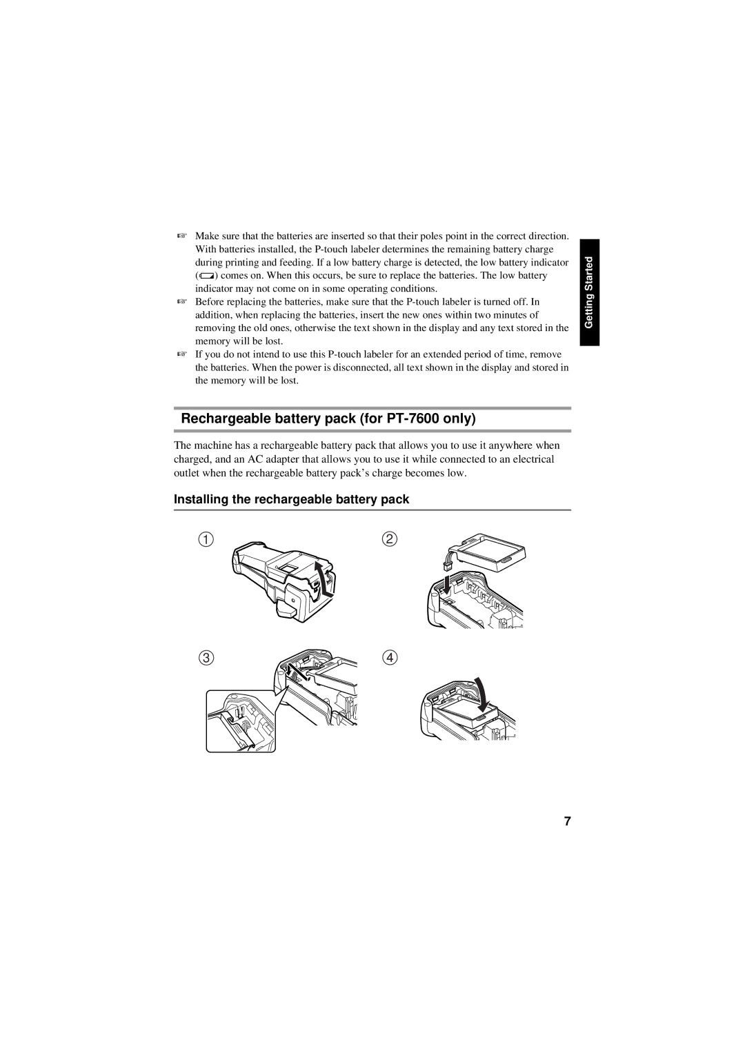 Brother PT-7500 manual Rechargeable battery pack for PT-7600 only, Installing the rechargeable battery pack 