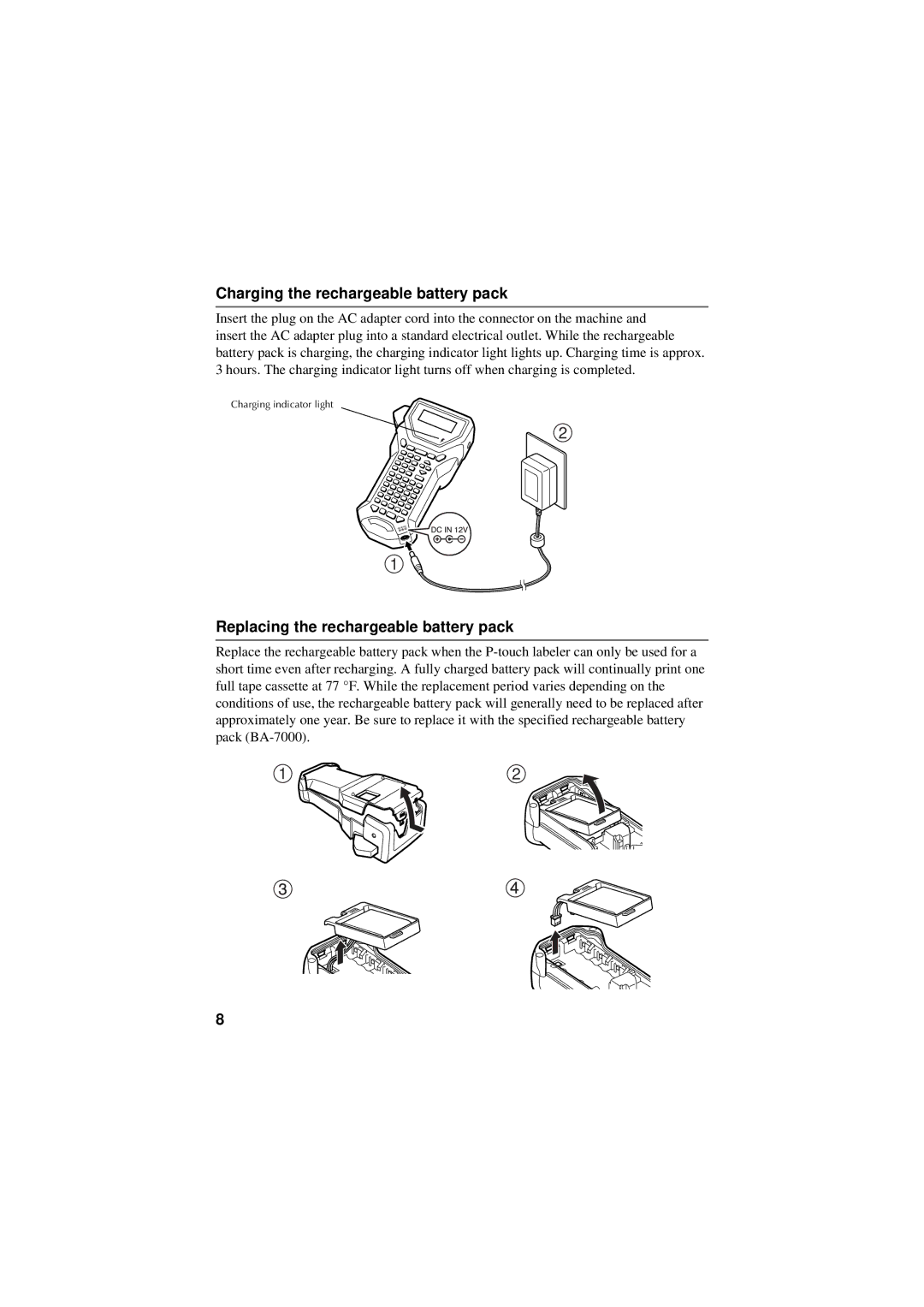 Brother PT-7500, PT-7600 manual Charging the rechargeable battery pack, Replacing the rechargeable battery pack 