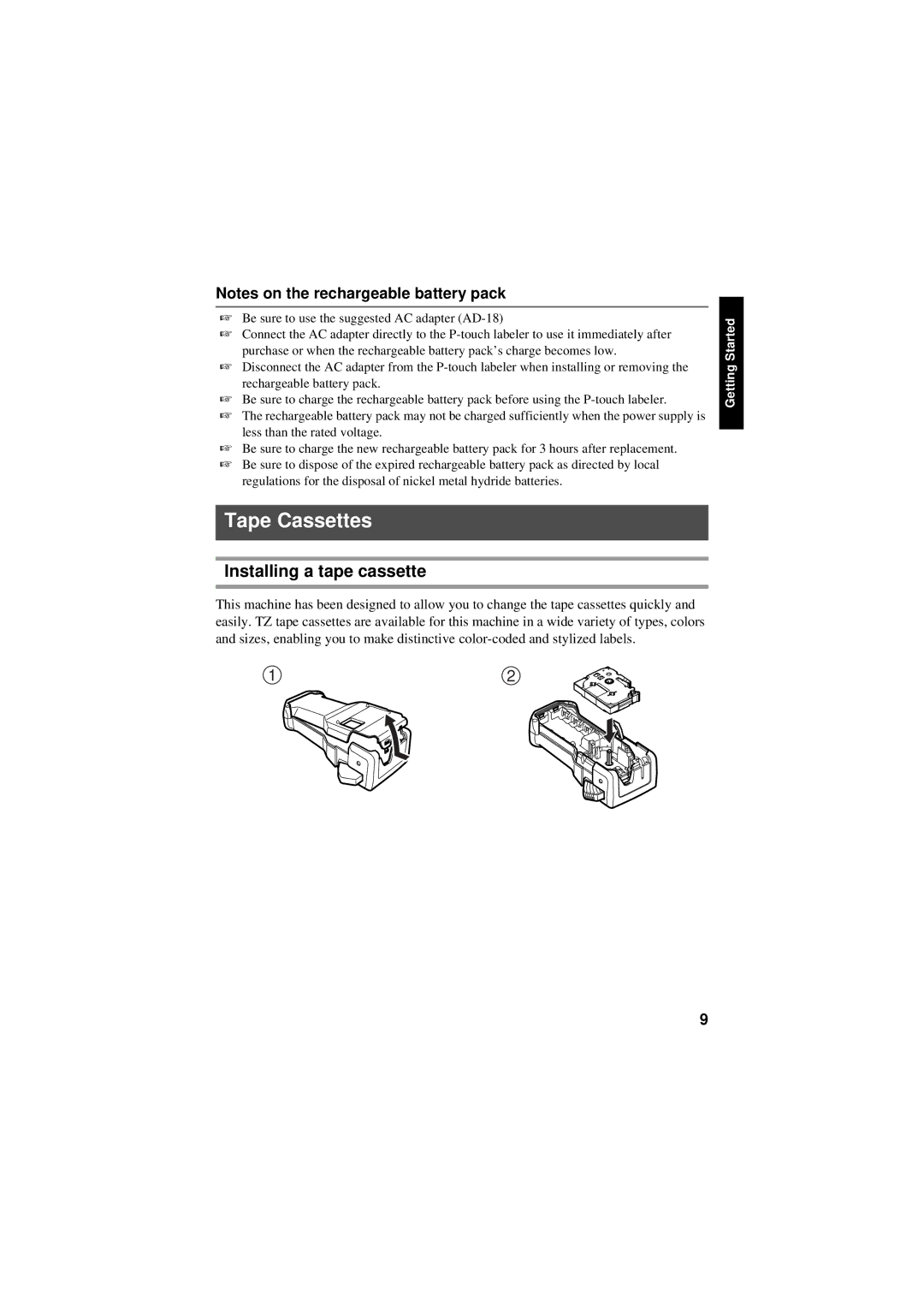 Brother PT-7600, PT-7500 manual Tape Cassettes, Installing a tape cassette 