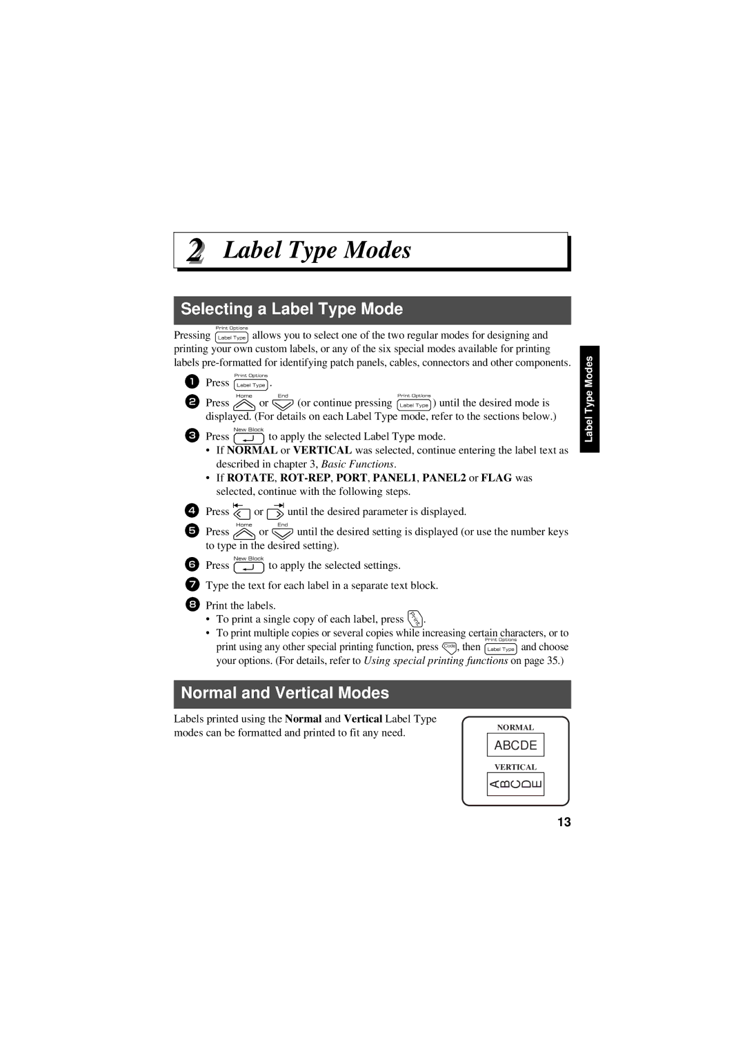 Brother PT-7600, PT-7500 manual Selecting a Label Type Mode, Normal and Vertical Modes 