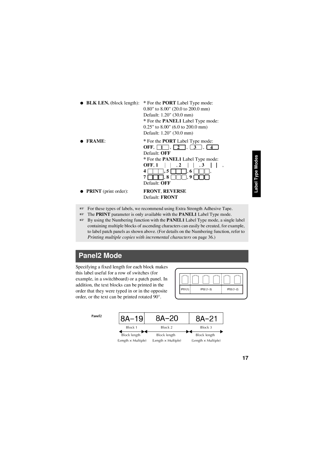 Brother PT-7600, PT-7500 manual Panel2 Mode, Front , Reverse 